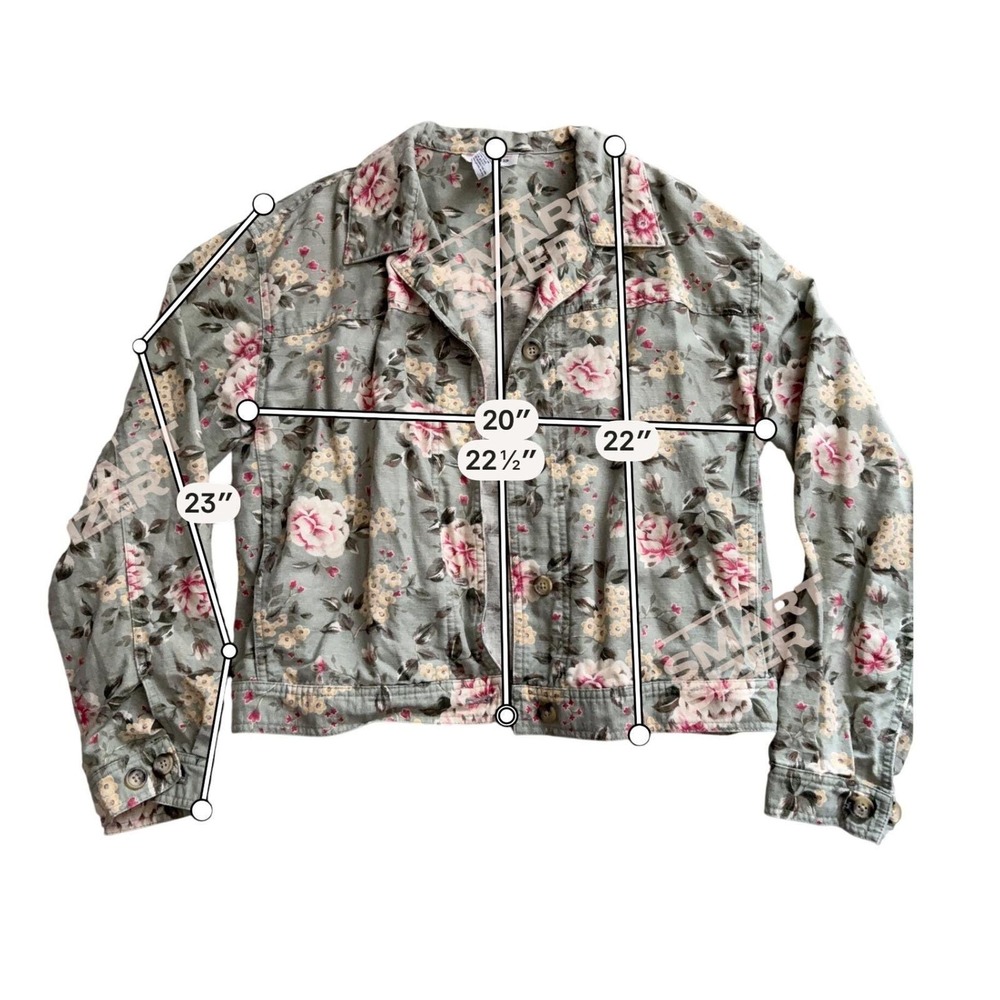 VTG Talbots Floral Linen Cotton Trucker Jacket Women M Cropped Green Cottagecore - Picture 4 of 5